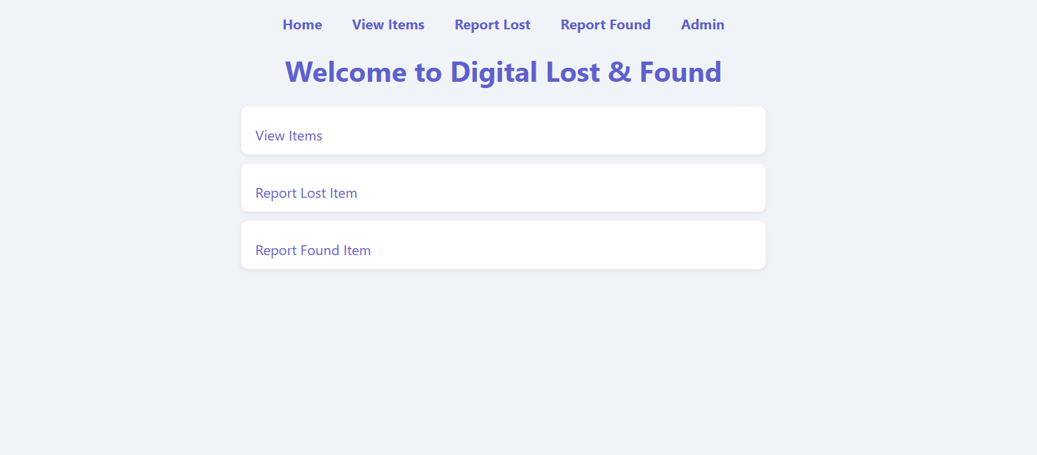 Digital Lost & Found App home screen